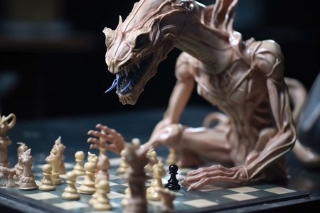 close-up of alien playing chess with the pieces in motion, created with generative aiの素材