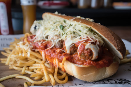 spaghetti and meatball sub, piled high with meatballs and sauce, created with generative aiの素材