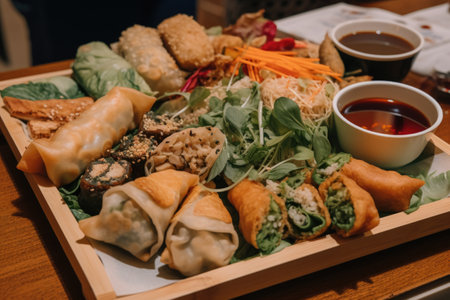platter of plant-based and vegan takeout, including dumplings, spring rolls, and sushi, created with generative aiの素材