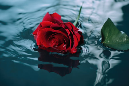 a red rose floating in a pool of water, created with generative aiの素材