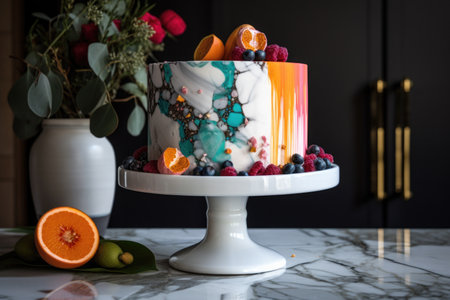 decorative cake on a marble stand, with pops of color, created with generative aiの素材