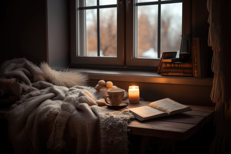 cozy reading nook with fluffy blanket, hot cup of tea, and good book, created with generative aiの素材