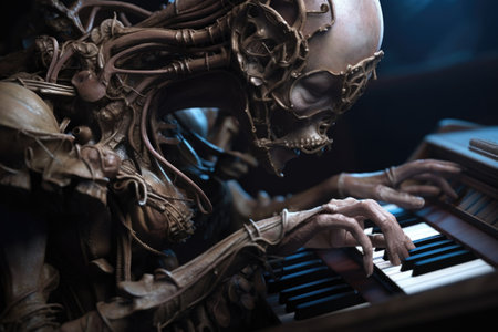 close-up of alien musician, playing intricate and otherworldly melody, created with generative aiの素材
