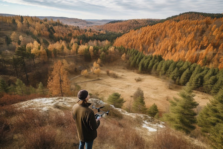 shot of a young man using a drone to take photos of nature, created with generative aiの素材