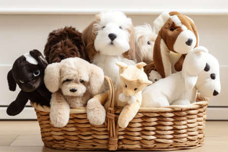 a basket of plush and cuddly toys for a playful pup, created with generative aiの素材