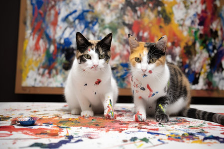 pair of cats, each with its own paintbrush, creating abstract work of art, created with generative aiの素材