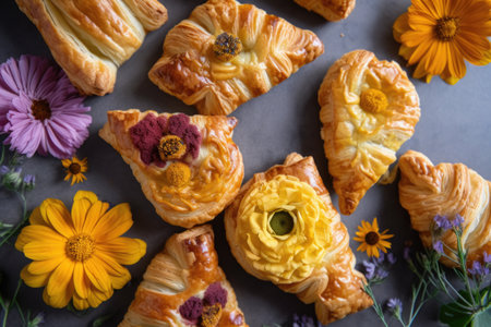 floral pattern on flaky puff pastries and turnovers, created with generative aiの素材