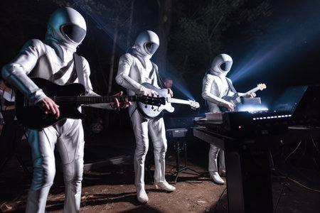 an alien band playing their hit song beyond the stars at a massive outdoor concert, created with generative aiの素材