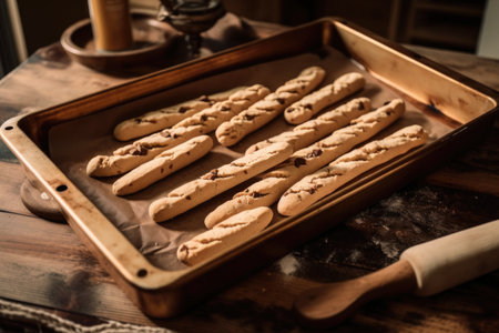 a rustic wooden tray filled with rolled and cut biscotti, ready for baking, created with generative aiの素材