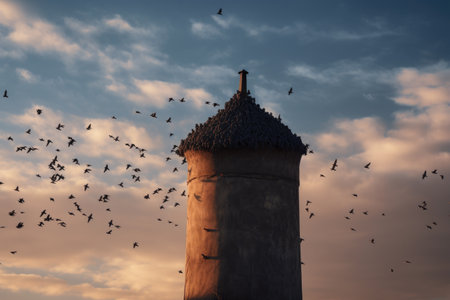 a chimney surrounded by a flock of birds, with the sky in the background, created with generative aiの素材