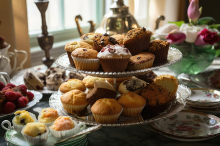 a beautiful display of muffins, scones, and tea-time treats on a vintage tray, created with generative aiの素材