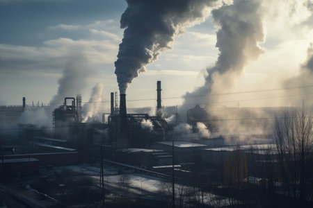 factory, with visible smoke and steam rising from the chimneys, polluting the air, created with generative aiの素材