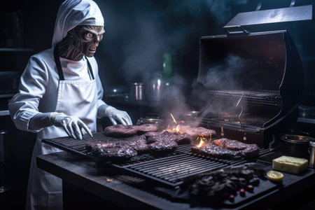 alien chef preparing juicy burgers and french fries on the hot grill, created with generative aiの素材