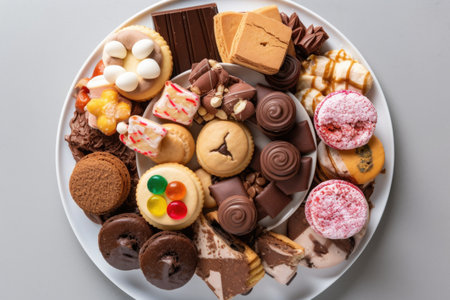 plate with diverse selection of sweet treats, from cookies and candies to cupcakes and pastries, created with generative aiの素材