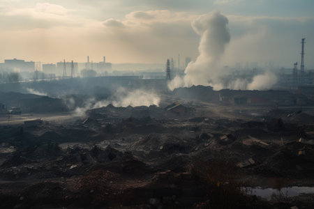 industrial wasteland, with smoke and haze from smokestacks covering the landscape, created with generative aiの素材