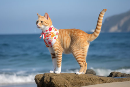 leggy cat showing off swimsuit on beach with view of the ocean, created with generative aiの素材