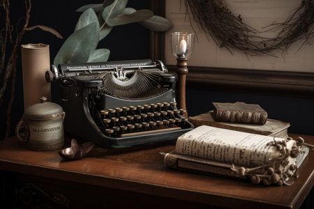diy decor with vintage typewriter, paper roll, and feather pen, created with generative aiの素材