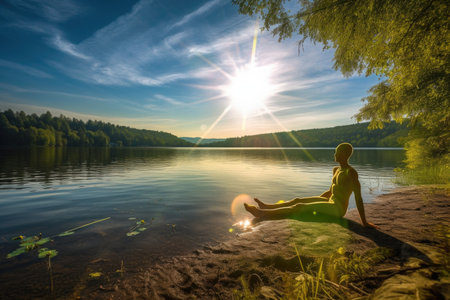 alien sunbather taking in the rays of the warm sun, with beautiful view of a peaceful lake, created with generative aiの素材