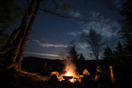 campfire cooking with a view of the stars, silhouetting the trees, created with generative aiの素材