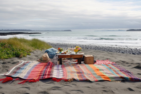 picnic blanket spread out on windswept beach, with the sound of waves in the background, created with generative aiの素材