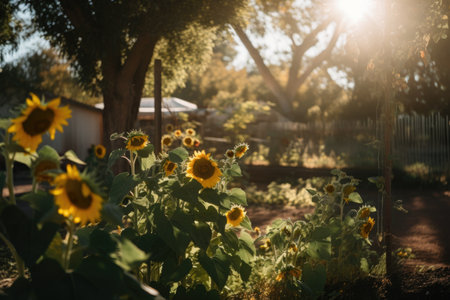 sunflowers in a community garden, with the sun shining down, created with generative aiの素材