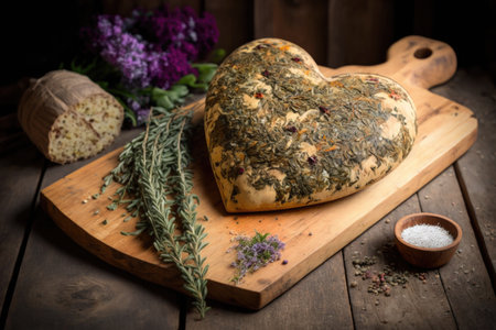 heart-shaped bread loaf on a wooden board with herbs and spices in the background, created with generative aiの素材