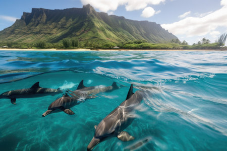group of dolphins swimming in crystal-clear water, created with generative aiの素材