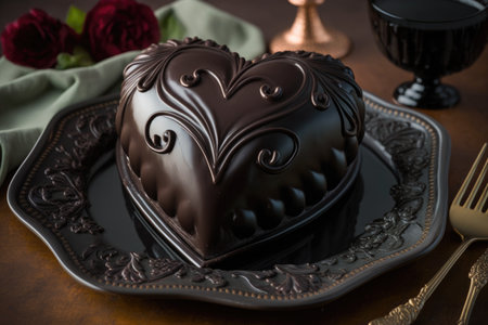 heart-shaped chocolate cake, with a smooth and creamy ganache glaze, is sitting on a plate of black velvet, created with generative aiの素材