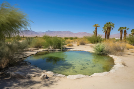desert oasis, with view of distant mountain range and clear blue sky, created with generative aiの素材