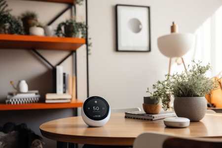 smart thermostat and camera system in cozy home office, created with generative aiの素材