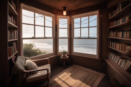 cozy reading nook with view of the beach, and a glass of wine to complete the scene, created with generative aiの素材