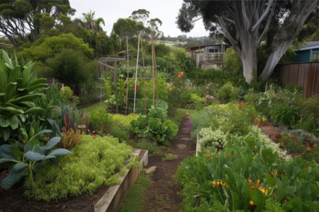 edible landscape with permaculture vegetable garden and fruit trees, created with generative aiの素材