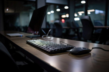 co-working space, with closeup of laptop keyboard and mouse, created with generative aiの素材