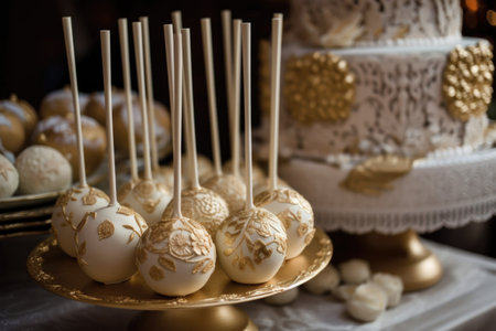 cake pop wedding cake with intricate white frosting and gold accents, created with generative aiの素材
