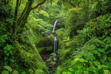 lush and verdant forest, with waterfall cascading from the heights, created with generative aiの素材