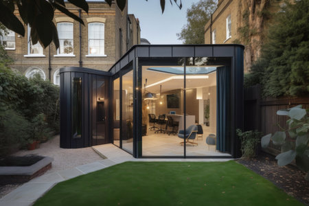a victorian-era mansion transformed into a modern office with open floor plans and glass walls, created with generative aiの素材