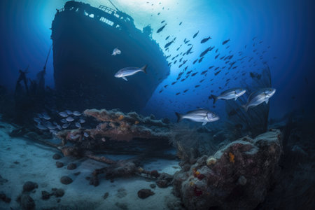 shipwreck in moonlight with schools of fish swimming among the wreckage, created with generative aiの素材