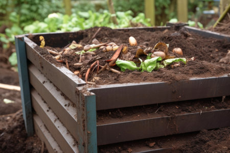 close-up of composting bin, with rich and nutrient-rich soil visible, created with generative aiの素材