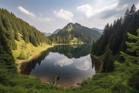 majestic mountain landscape, with view of a tranquil lake and the surrounding forest, created with generative aiの素材