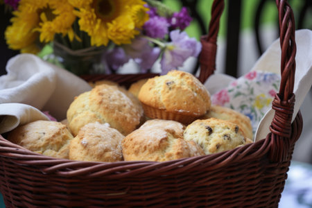 a basket of muffins and scones, ready for a tea party, created with generative aiの素材