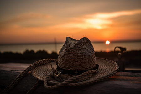 cowboy hat and rope, with sunset in the background, symbolize the end of a long day, created with generative aiの素材