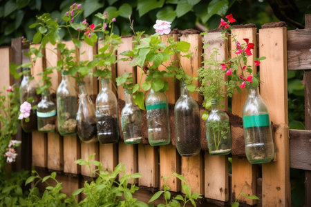 creative diy garden project with recycled materials, such as old bottles and cans, created with generative aiの素材