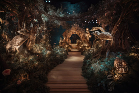 enchanted garden with mystical creatures and magical lighting, created with generative aiの素材