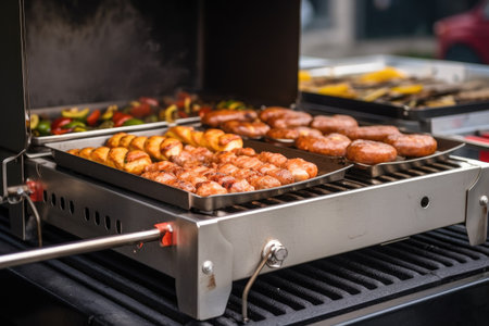 close-up of portable grill with sizzling hot dogs and hamburgers, created with generative aiの素材