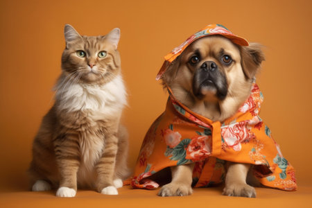 creative duo of cats and dogs posing in their latest designs, created with generative aiの素材