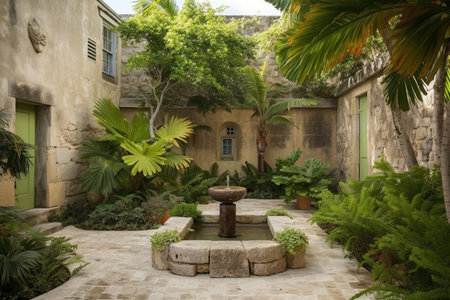 tropical garden with babbling fountain in front of stone-walled house, created with generative aiの素材