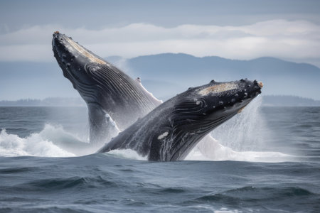 a pair of humpback whales breaching in tandem, created with generative aiの素材