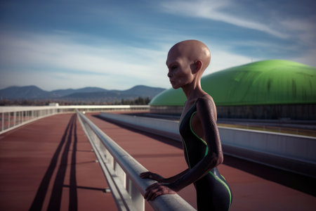 alien athlete in training, with view of futuristic sports facility visible in the background, created with generative aiの素材