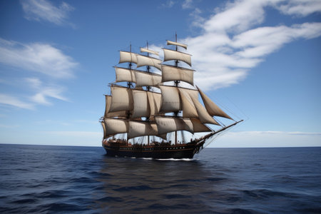sailing vessel in full sail, with billowing sails and tranquil waters, created with generative aiの素材