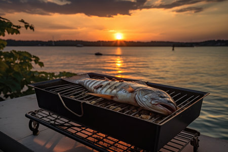 grilled fish on a portable grill, with the sunset in the background, created with generative aiの素材